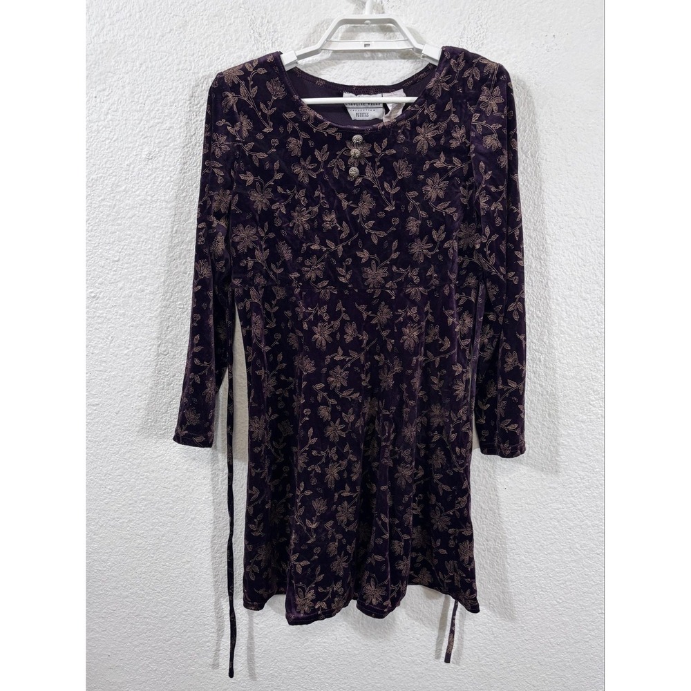 Vintage Caroline Wells Dress Womens 6P Purple Velvet Floral Belted Mini Y2K